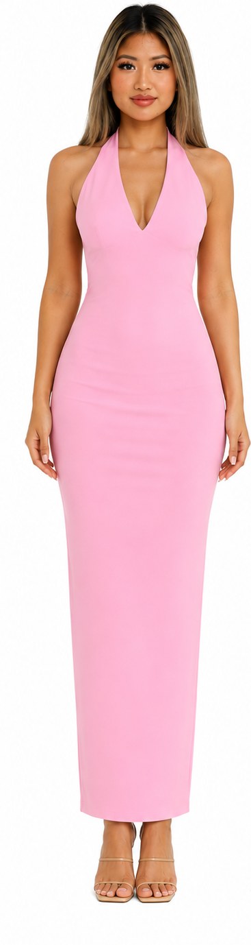 Front view of a pink halter maxi dress concept