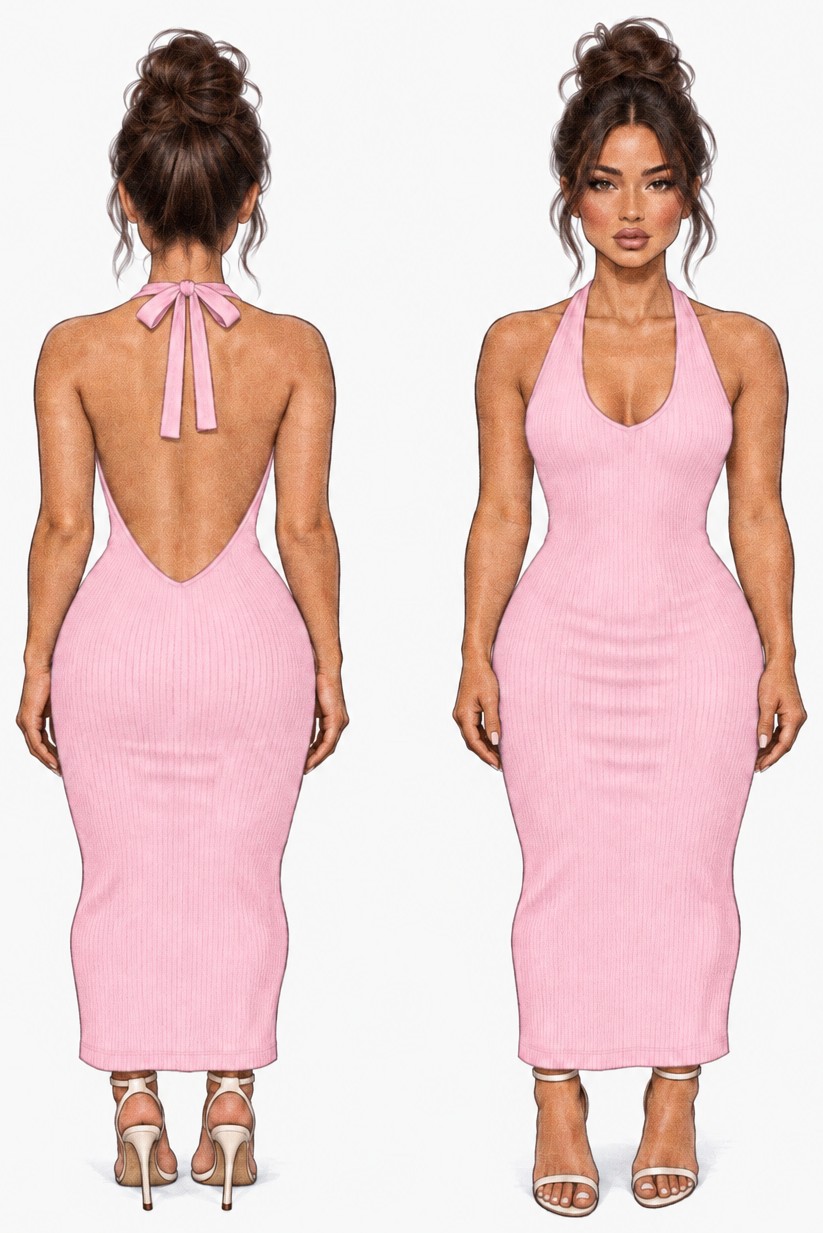 Front and back view of a model in a pink halter maxi dress